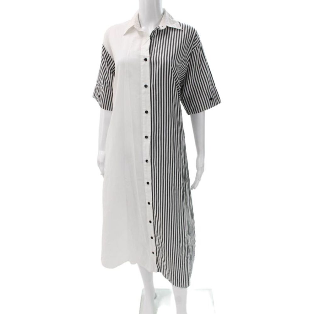 Tome Womens Black Striped Collared Shirt Dress Short Sleeve Long Size M